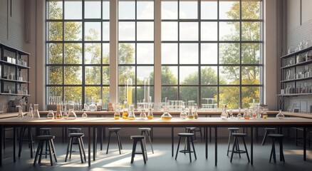Leinwandbilder - Sunlit laboratory with large windows, wooden workbenches, glass beakers and stools.