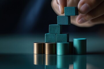 Poster - Close-up of hand arranging teal and gold blocks, building a rising structure, reflecting on a dark surface.
