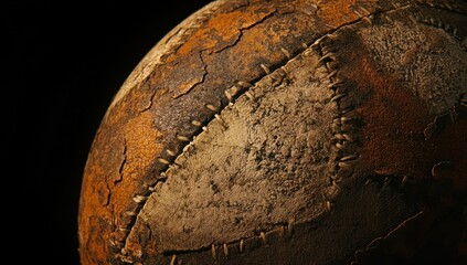Aufkleber - Close-up of a worn, vintage leather ball, showing texture and stitching against a black background.