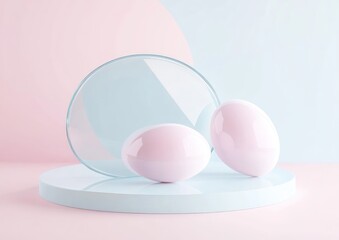 Leinwandbilder - Two pastel pink eggs on a light blue platform with a glass circle against a pink and blue background.