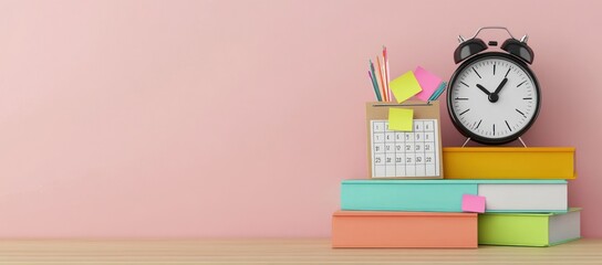 Poster - Colorful stationery, alarm clock, calendar, and books on a desk against a pink wall.