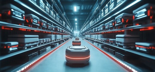 Poster - Futuristic warehouse with autonomous robots navigating storage aisles.