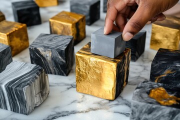 Poster - Hand placing gray cube on gold and black marble cubes.