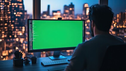 Aufkleber - Man working late at night on computer with green screen, city view.