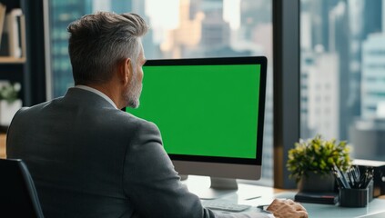 Aufkleber - Businessman using computer with green screen, city view.