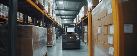 Poster - Warehouse interior with stacked boxes and automated machinery in operation.