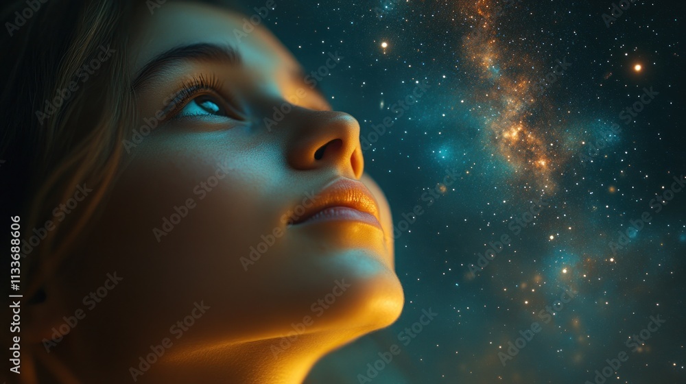 Celestial Dreams: A Young Woman Gazes at the Night Sky, Illuminated by ...