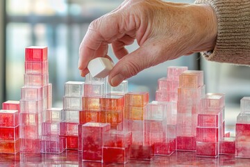 Poster - Hand placing translucent cube on miniature city model.