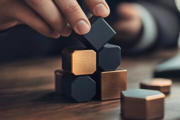 Poster - Close-up of hand arranging black and gold geometric blocks on wooden table.