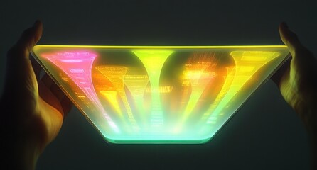 Hands hold futuristic transparent device glowing with vibrant colors.