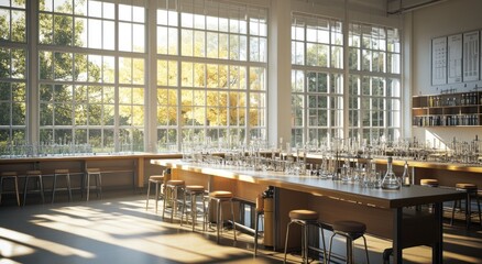Poster - Sunlit laboratory with glassware and stools near large windows.