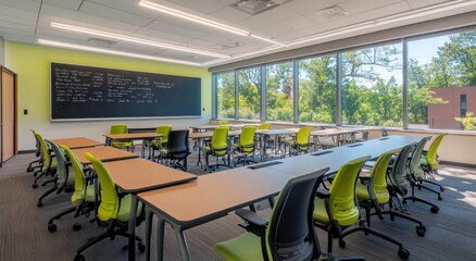Leinwandbilder - Modern classroom with large windows, green chairs, and blackboard.