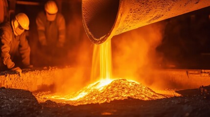 Aufkleber - Molten metal flows into molds as workers observe, creating intense flames and sparks in a busy industrial hall at night. Generative AI