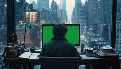 Poster - Person working at desk with green screen computer overlooking city.