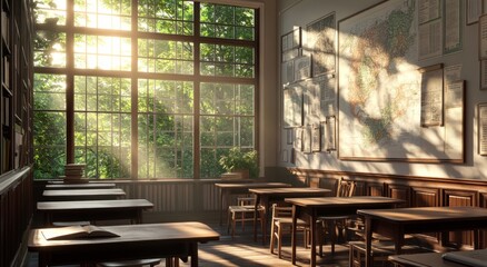 Poster - Sunlit classroom with large window, wooden desks, maps, and bookshelves.