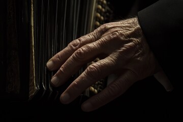 Aufkleber - Close-up of an elderly person's hand resting on an accordion.