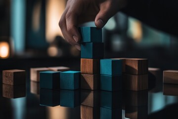 Poster - Hand arranging blue and brown wooden blocks on a reflective surface.