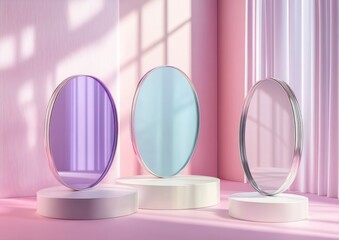 Aufkleber - Three pastel oval mirrors on podiums in a pink room with soft sunlight.