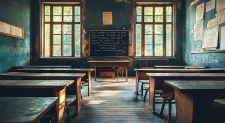 Aufkleber - Empty, vintage classroom with old desks, chalkboard, and large windows.