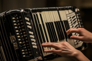 Poster - Close-up of hands playing a vintage accordion.