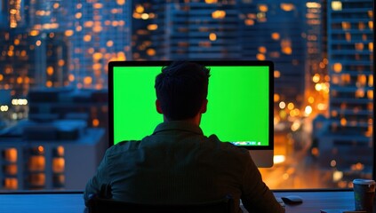 Aufkleber - Man working late at night on computer with green screen, city view. (1)