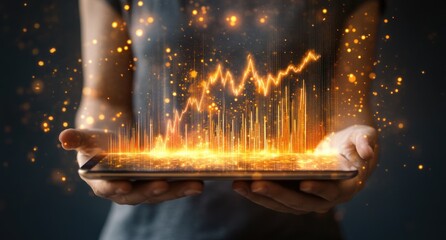 Leinwandbilder - Person holding tablet displaying glowing upward stock market graph.