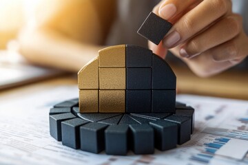Poster - Woman's hand placing a black block onto a gold and black block structure representing growth and progress.