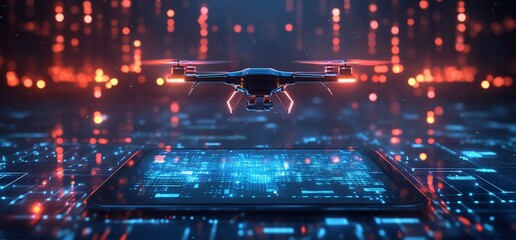 Poster - A drone hovers above a tablet, showcasing technology and digital interaction.