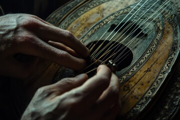 Poster - Close-up of hands tuning an antique stringed instrument.