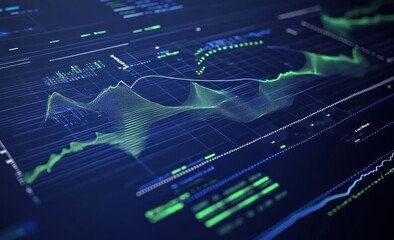 Aufkleber - Abstract digital data visualization with graphs and charts on a dark background.