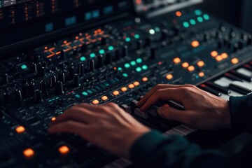 Poster - Close-up of hands operating a music synthesizer with illuminated controls and keys.