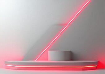 Leinwandbilder - Minimalist white platform with red neon lights.