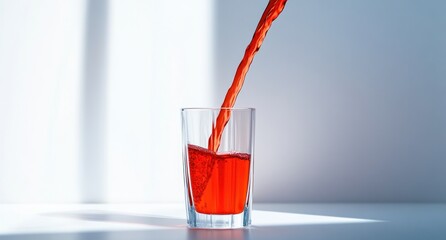 Poster - Red liquid pouring into a glass on a white surface.