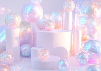 Leinwandbilder - Pastel iridescent spheres on white platforms.