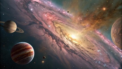 Wall Mural - colorful gas giant planets with rings orbiting a bright core spiral galaxy, surrounded by stars, neb