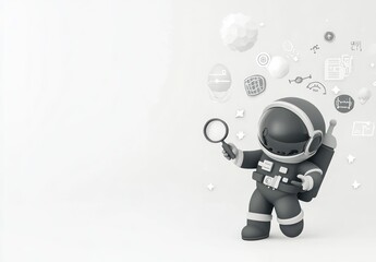 Poster - Monochrome astronaut exploring space with magnifying glass and digital icons.