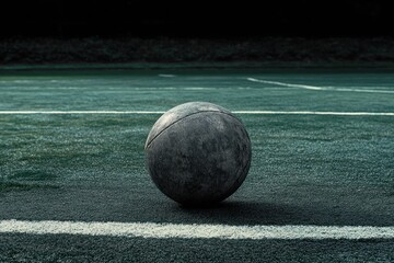 Wall Mural - Worn medicine ball sits on a dark green field.