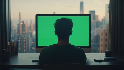 Leinwandbilder - Man sits at desk facing green screen computer, city view.