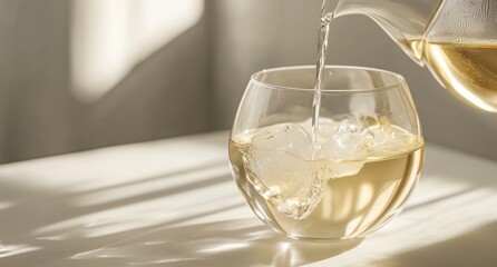 Poster - Iced tea pouring into glass with ice on table.