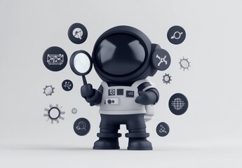 Poster - A cute astronaut holding a magnifying glass, surrounded by various icons representing exploration and discovery.