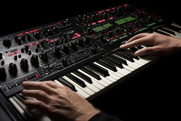 Aufkleber - Close-up of hands playing a synthesizer keyboard with illuminated controls.