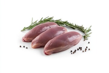 Sticker - Three raw duck breasts with rosemary and peppercorns on white background.