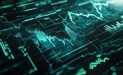 Aufkleber - Abstract digital data visualization with glowing teal lines and graphs on a dark background.