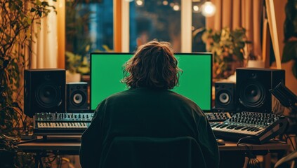 Poster - Person sitting at a computer with a green screen, surrounded by audio equipment.