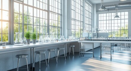Leinwandbilder - Sunlit modern laboratory with glassware, plants, and equipment.