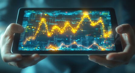 Aufkleber - Person holding tablet displaying glowing stock market graph.
