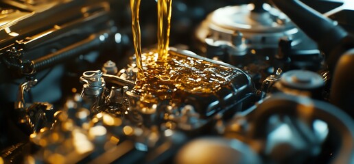 Poster - Engine oil being poured into a car engine for maintenance.
