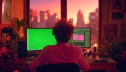 Aufkleber - Man works late at home office with two computer monitors, green screen, city sunset view.
