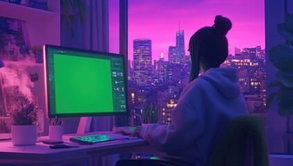 Aufkleber - Woman working on computer in apartment with city view at night.