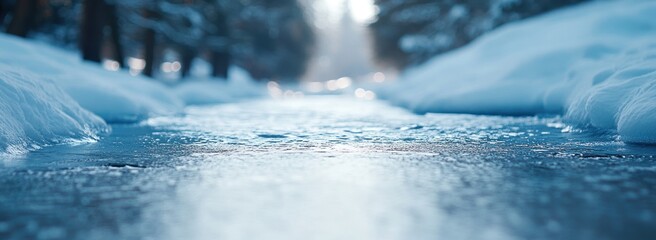 Poster - Icy path in snowy forest, winter scene.